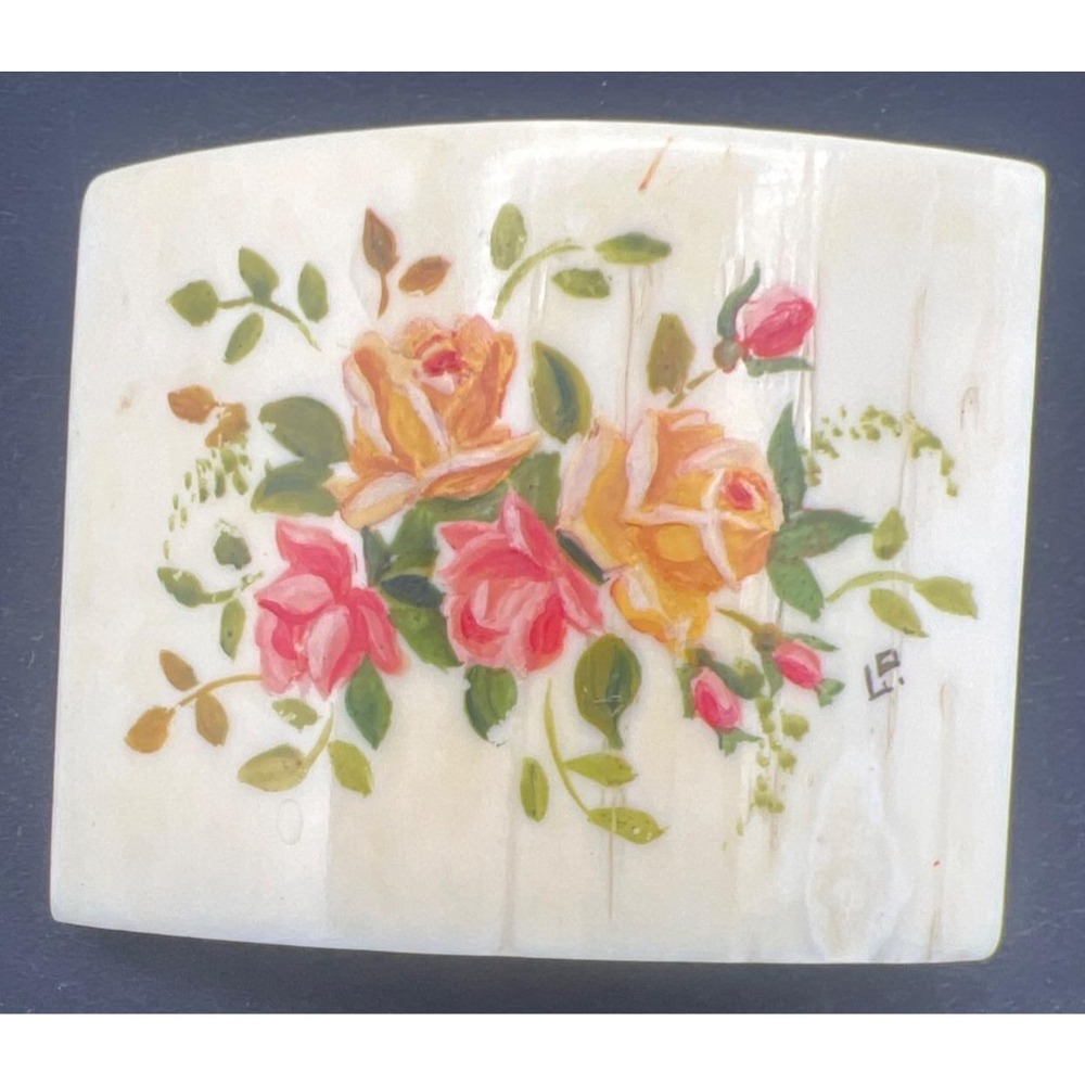 Antique Celluloid Brooch Pin Floral‎ Hand Painted Signed Trombone Clasp